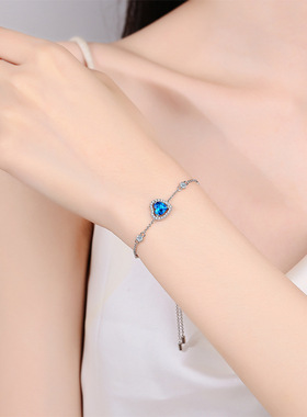 925纯银镀18K金手镯宝蓝色莫桑石简约爱心手链莫桑钻镀PT950 铂金