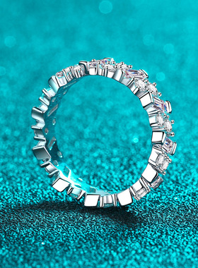 s925银镀18K金女指环镀pt950铂金满圈莫桑石戒指时尚情人节礼物