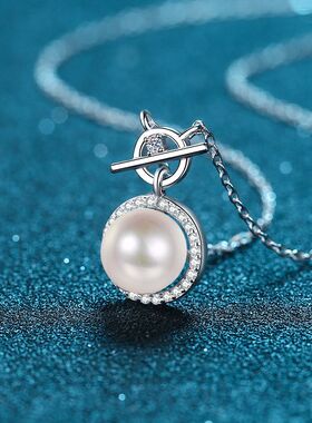 s925银镀18K金锁骨链女锁扣款镀PT950 铂金9mm淡水珍珠莫桑石项链