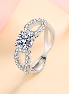 s925银镀18K金戒指女莫桑石扭八字指环pt950铂金高端大气结婚礼物