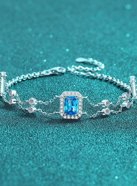 S925纯银镀18K金手工镶嵌莫桑石手链女双链条手环手饰镀PT950铂金