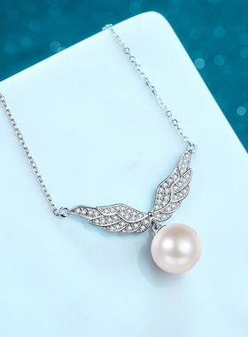 s925银镀18K金锁骨链女镀pt950铂金10mm珍珠天使翅膀莫桑石项链