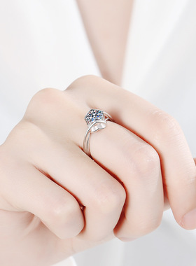 s925银镀18K金戒指女镀pt950铂金莫桑石饰品心心相印指环天使之吻