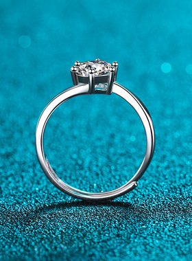 s925银镀18K金莫桑石戒指女士活口指环开口可调节六爪镀PT950铂金