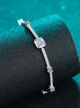 S925纯银镀18K金莫桑石方包手链女复古简约方糖设计镀PT950 铂金