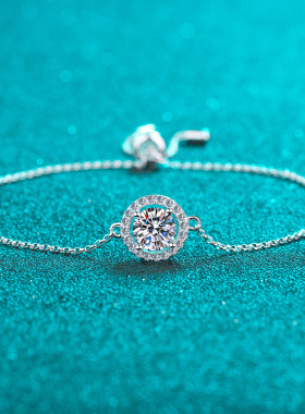 S925纯银镀18K金莫桑钻圆包手链女经典泡泡镀pt950铂金一克拉手环