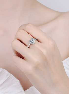 s925银镀18K金指女仿真钻石镀PT950铂金微镶心形一克拉异性莫桑钻