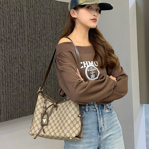 品牌真皮包包老花斜挎包软皮托特包女2026新款时尚百搭单肩腋下包 - 图0