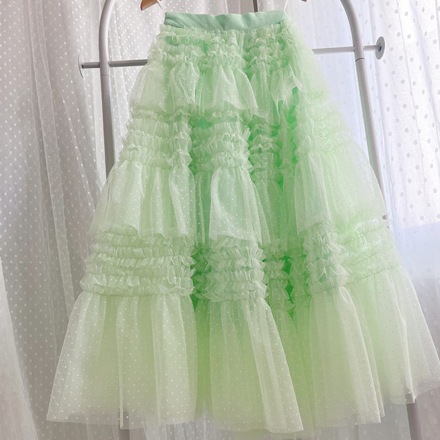Autumn and winter new polka dot ruffle cake skirt fairy skirt mint green mesh skirt multi-layer wide hem skirt