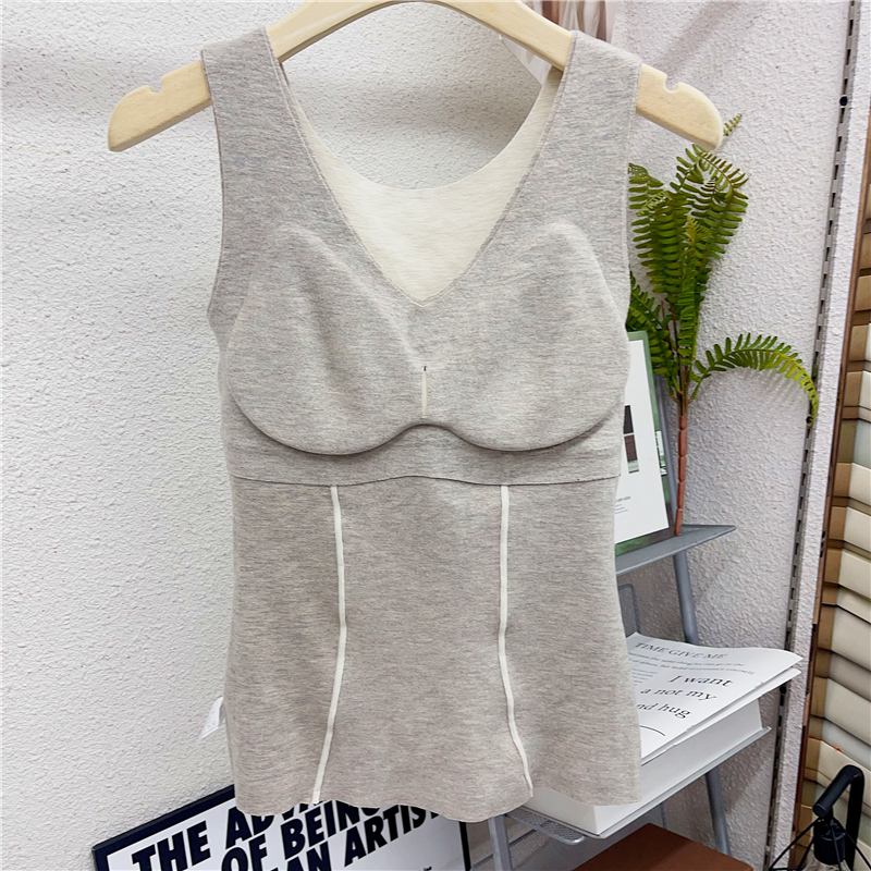 秋冬4033桑蚕丝德绒保暖内衣女士带胸垫免穿文胸御寒发热打底背心 - 图1