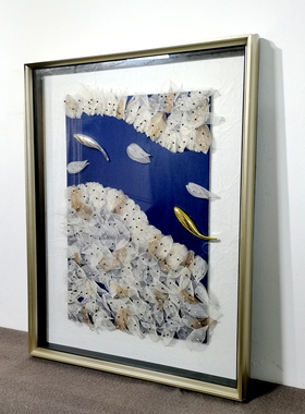 餐厅画九鱼与实物菩提叶画白色现代轻奢单幅挂画大气手工画高雅