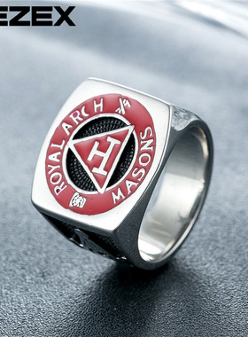 R0338-NK01  个性复古新款三角红色共济会男士钛钢戒指
