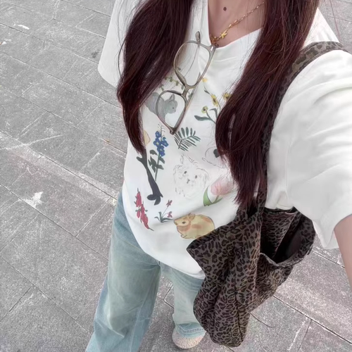 ODD/趣味小众兔子无感印花圆领宽松纯棉短袖T恤女上衣夏透气百搭 - 图2