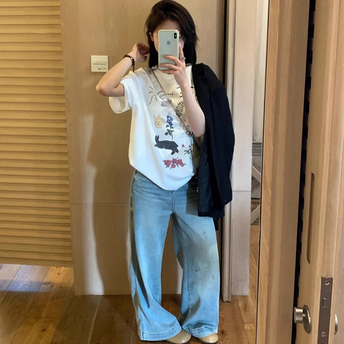 ODD/趣味小众兔子无感印花圆领宽松纯棉短袖T恤女上衣夏透气百搭 - 图3