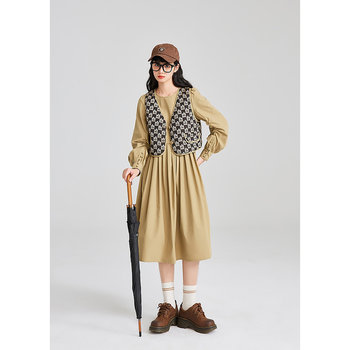 Zihan dress two-piece spring and autumn style literary forest style buttoned lantern sleeve skirt literary jacquard vest