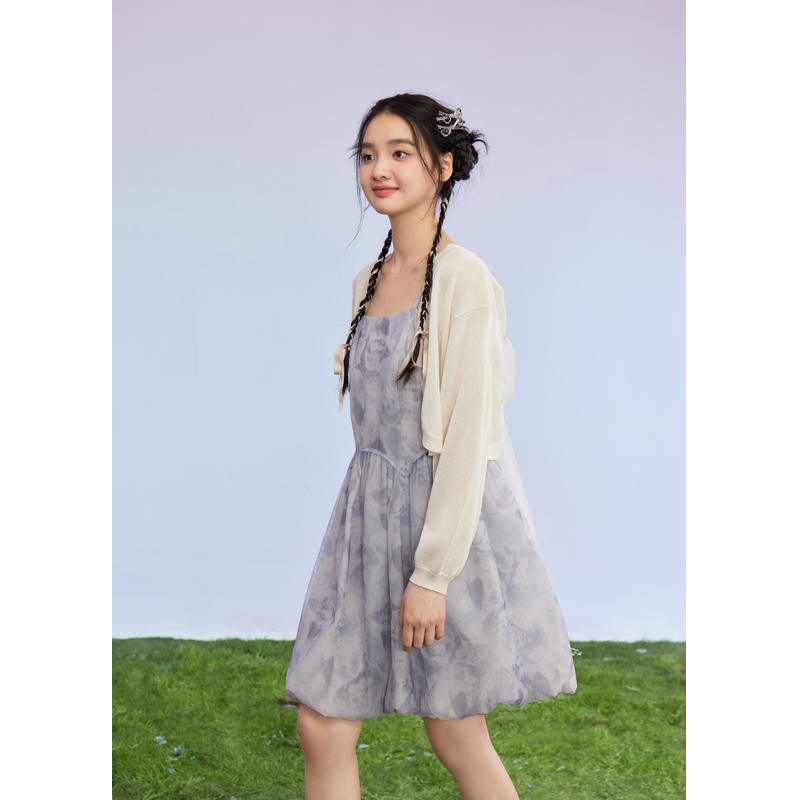 紫涵针织开衫吊带花苞裙套装女夏季新款甜美休闲外套连衣裙两件套