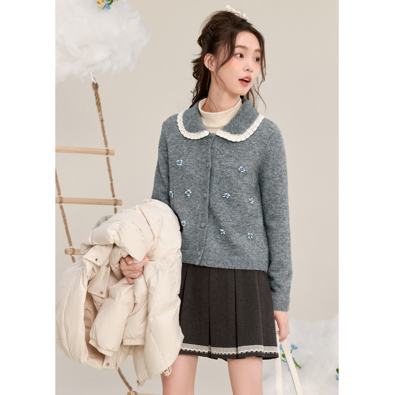 紫涵翻领蕾丝花边针织开衫女冬季新款花朵撞色甜美设计感百搭上衣,淘宝优惠券,粉丝福利购,淘宝优惠卷