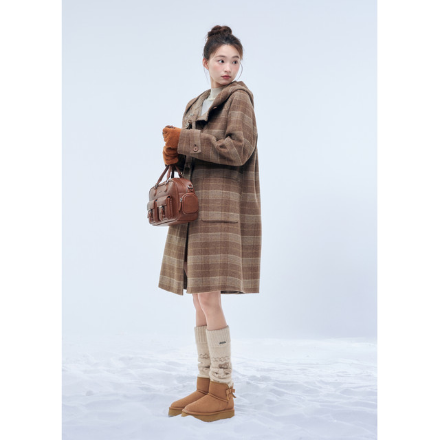 紫涵100%绵羊毛长款双面呢大衣女2025年冬季新款复古咖格连帽外套