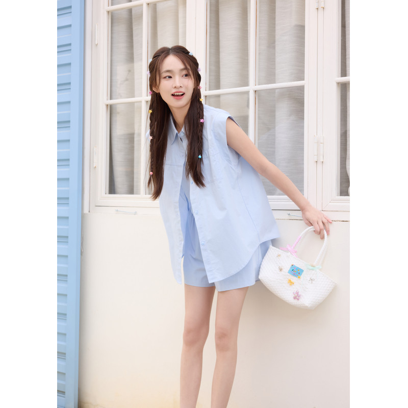 紫涵圆领背心吊带小飞袖衬衫外套高腰短裤上下三件套装女夏季新款,淘宝优惠券,粉丝福利购,淘宝优惠卷