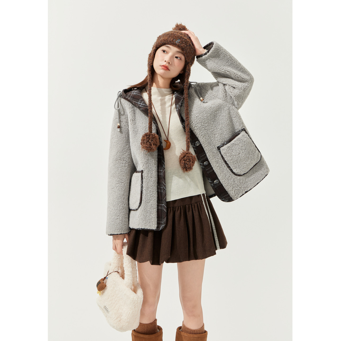 紫涵短款仿羊羔毛连帽外套女2025冬季新款格纹撞色小个子宽松上衣,淘宝优惠券,粉丝福利购,淘宝优惠卷