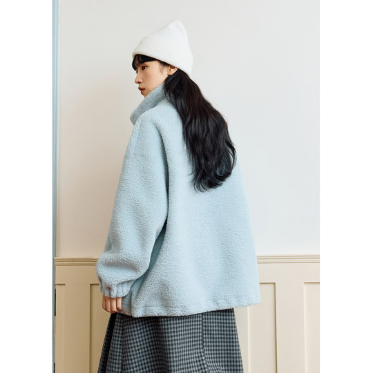 紫涵立领仿羊羔毛外套女士2025年冬季新款简约宽松摇粒绒保暖棉衣