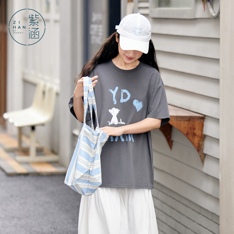 紫涵小狗字母印花短袖T恤女2025年夏季新款宽松慵懒休闲百搭上衣