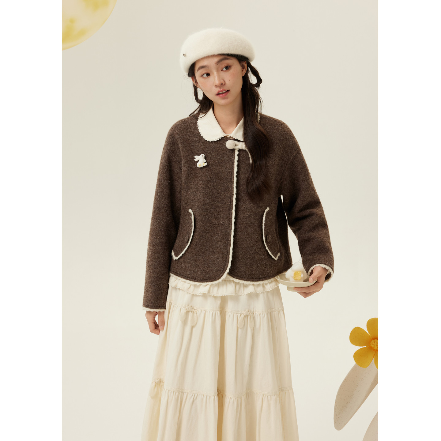 紫涵短款羊毛呢圆领外套女2025年冬季新款甜美宽松棕色小个子大衣,淘宝优惠券,粉丝福利购,淘宝优惠卷