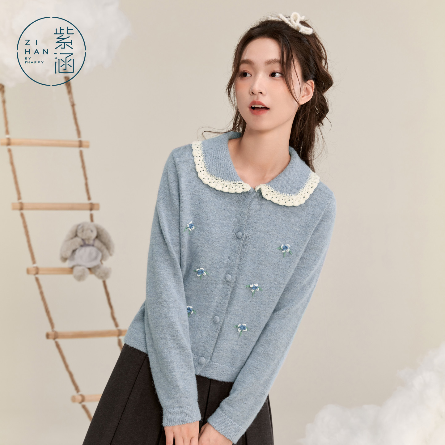 紫涵翻领蕾丝花边针织开衫女冬季新款花朵撞色甜美设计感百搭上衣,淘宝优惠券,粉丝福利购,淘宝优惠卷