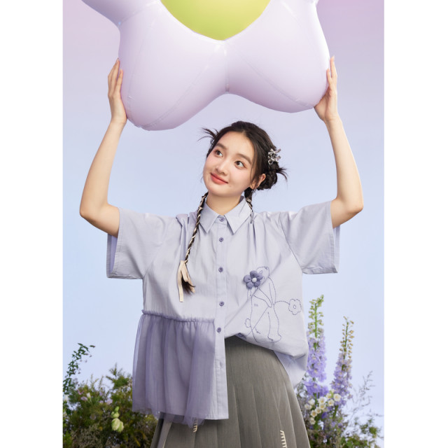 Zihan lapel short-sleeved long shirt for women summer new age-reducing casual design embroidered mesh loose shirt