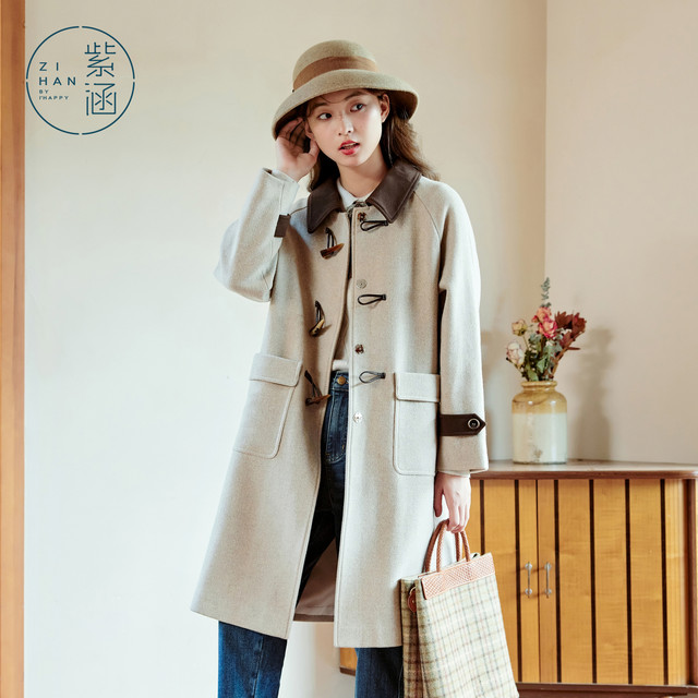 Zihan striped contrasting wool coat for women in winter new retro British style horn buckle loose long jacket