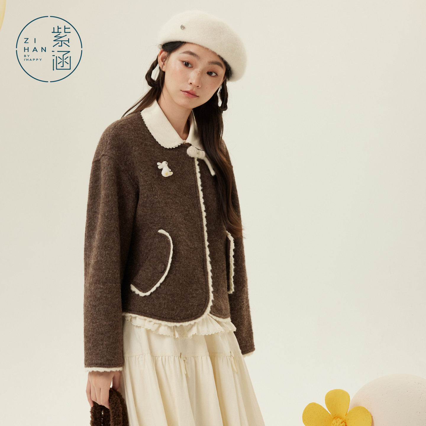 紫涵短款羊毛呢圆领外套女2025年冬季新款甜美宽松棕色小个子大衣,淘宝优惠券,粉丝福利购,淘宝优惠卷