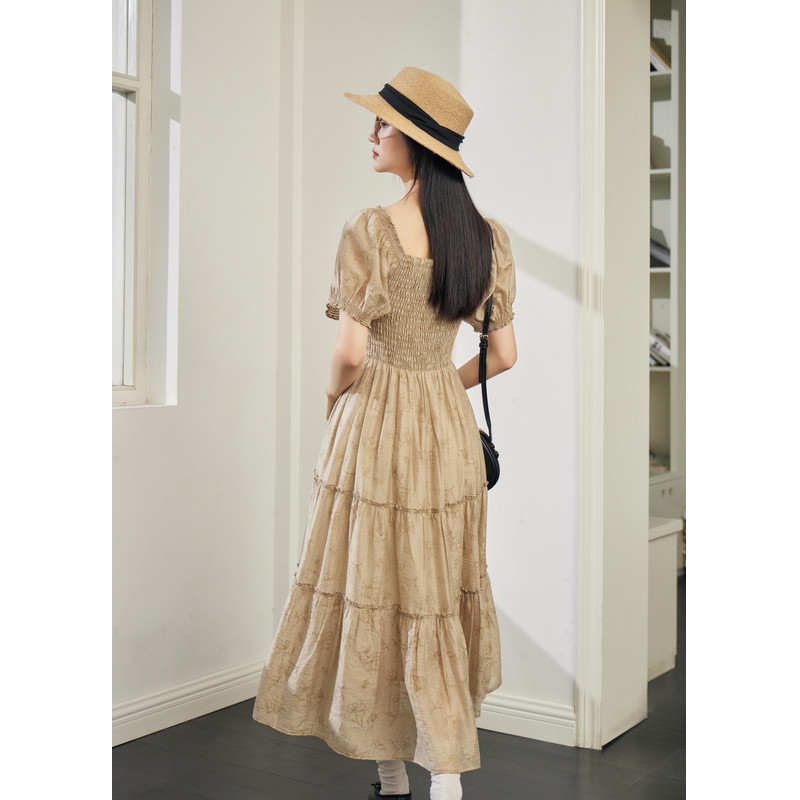 紫涵打揽印花连衣裙女夏季新款法式甜美风休闲收腰显瘦方领中长裙