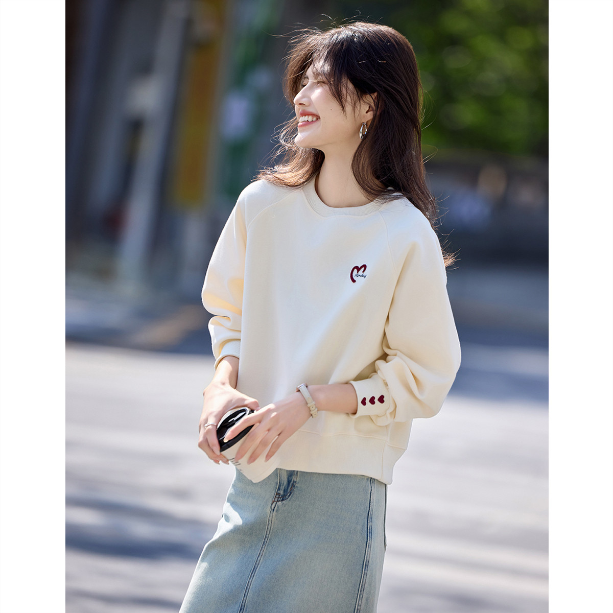 尚静圆领卫衣女春秋2025新款小个子宽松慵懒风无帽插肩袖长袖上衣 - 图1