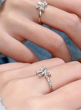 银贝925 纯银小众设计感简约锆石蝴蝶戒指女甜美开口戒指时尚指环