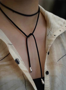 韩国小众黑色线绳珍珠吊坠长款项链女简约高级时尚百搭颈链锁骨链