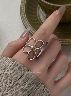 高级感小众设计做旧雏菊花朵戒指女简约开口指环时尚百搭食指戒潮
