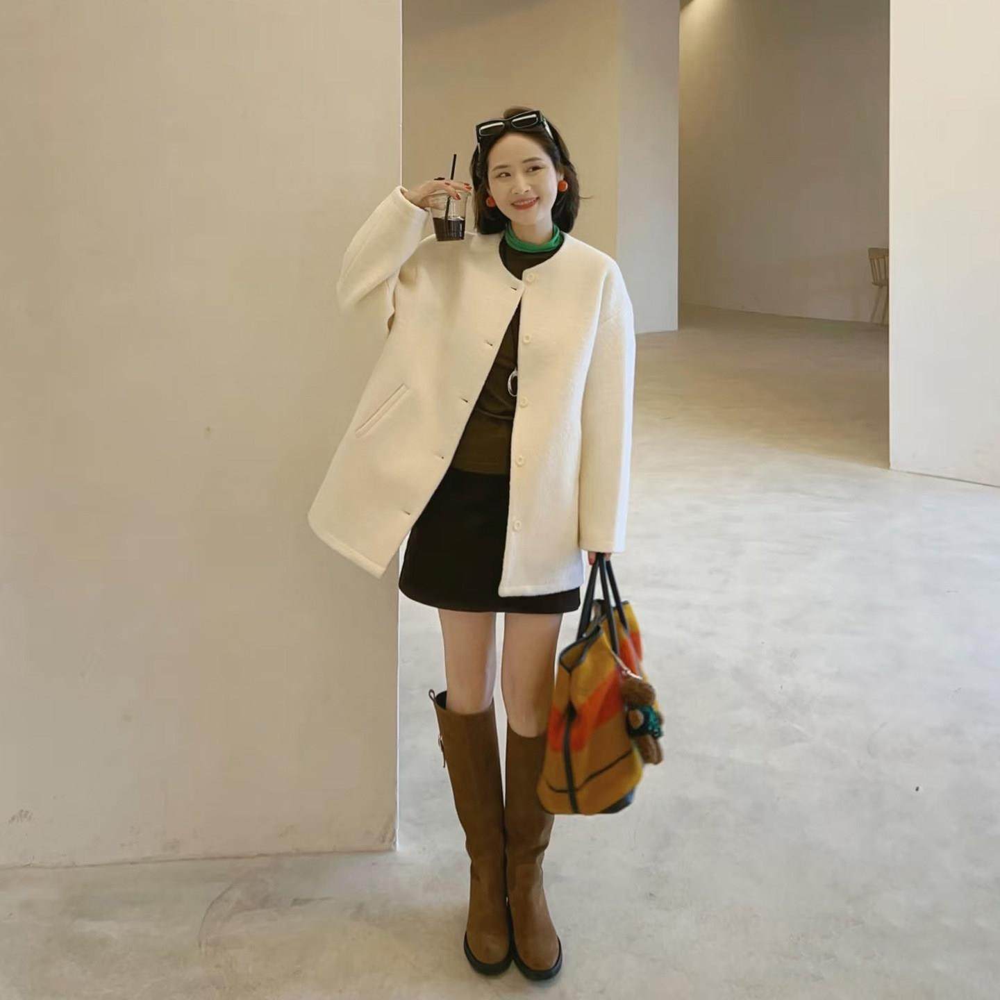 奶白色圆领中长款毛呢外套女秋冬季韩版小个子宽松显瘦呢子大衣,淘宝优惠券,粉丝福利购,淘宝优惠卷