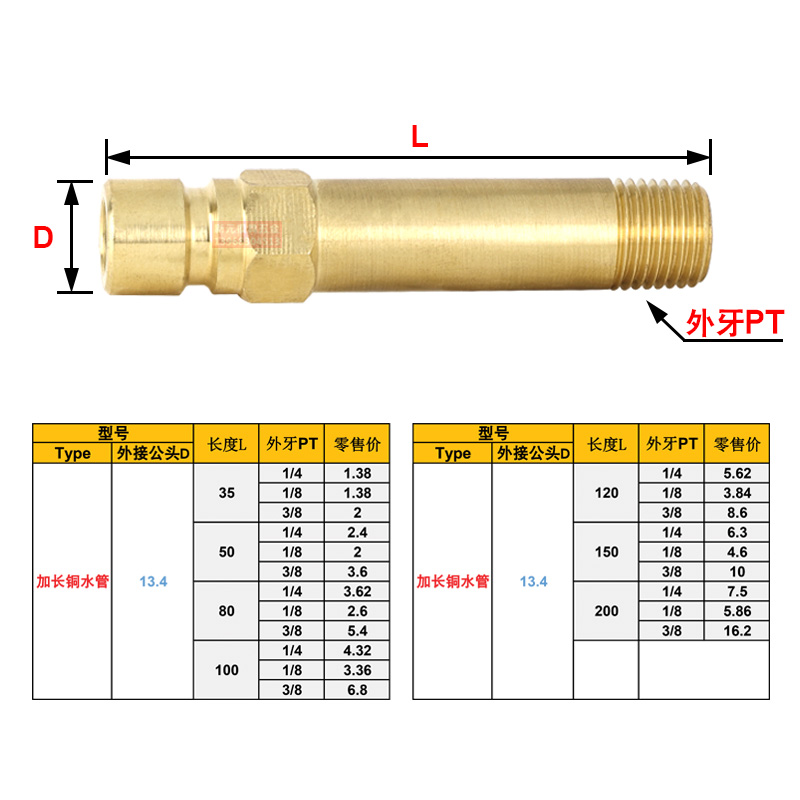 塑模冷却运公头快速插入3/8加长铜水管接头1/8大小号英制1/4螺纹