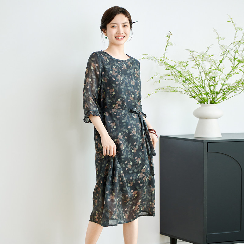 纯苎麻连衣裙夏季H版直筒通勤气质印花棉麻收腰圆领宽松中长裙子