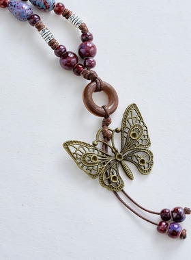 手工复古文艺中国风蝴蝶项链陶瓷