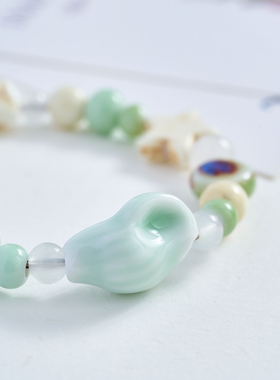 新款小海螺陶瓷手链女学生儿童礼物卡通猫咪手串景德镇陶瓷饰品