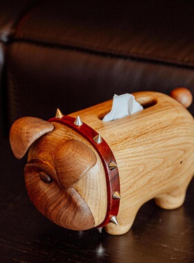 原上城原创设计可爱小狗纸巾盒实木餐巾纸收纳盒ins风家居摆件