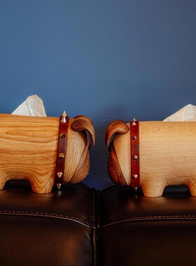 ins网红款高端原创设计小狗造型实木抽纸收纳盒家居摆件