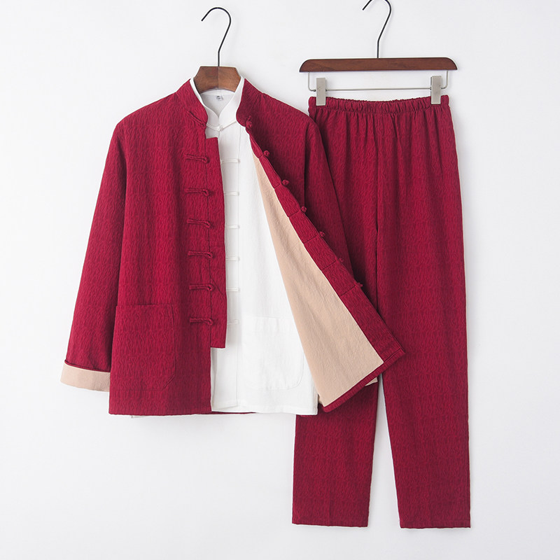 中老年唐装男中国风双层亚麻汉服 正九品唐装