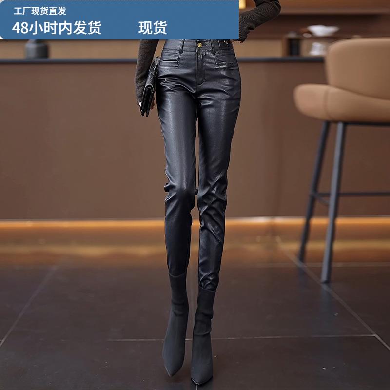 咖色皮裤女秋冬2025新款高腰显瘦PU皮铅笔裤外穿紧身打底小脚裤子 - 图2