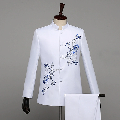 Платье Чжуншан Мужской тонкий хор подводной костюм сине -белый фарфоровый стойки китайские платья принимают певица Si Yis Chorus Clothing