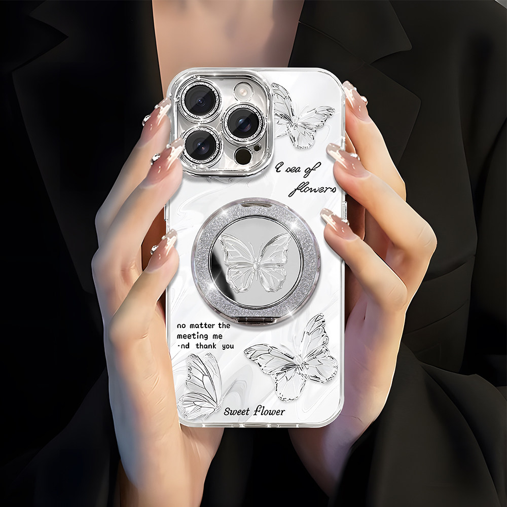 高颜值蝴蝶镜子支架适用苹果16promax/13/15/华为Pura70新款羽纱mate40pro女vivox90/opporeno9挂绳手机壳,淘宝优惠券,粉丝福利购,淘宝优惠卷