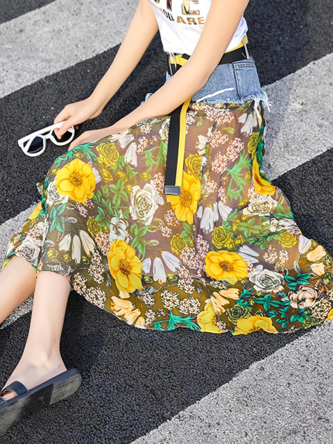 Mid-length beach skirt Korean style denim jersey chiffon floral