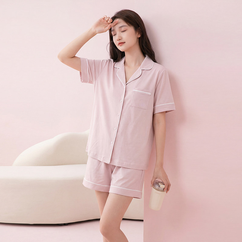 芬腾睡衣女100%棉家居服新款夏季短袖大码可外穿舒适透气两件套女