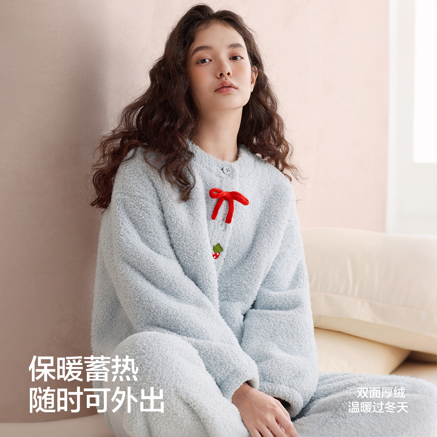 红豆珊瑚绒睡衣女加厚甜美开衫可外穿桂花绒保暖家居服套装25年冬 - 图3